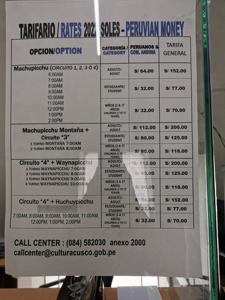Prices of the Machu Picchu